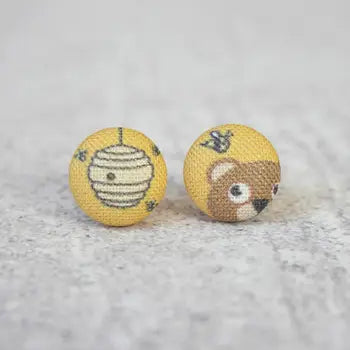 Honey and Bear Fabric Button Earrings