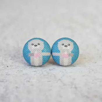 Otters Holding Hands Fabric Button Earrings