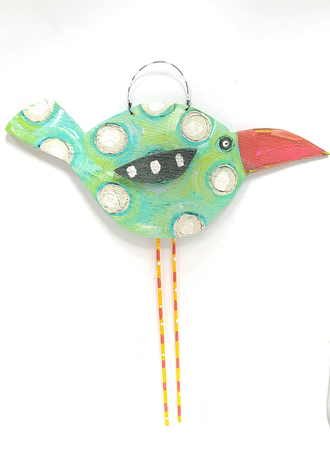 Hanging Bird- Blue/Green with Red beak