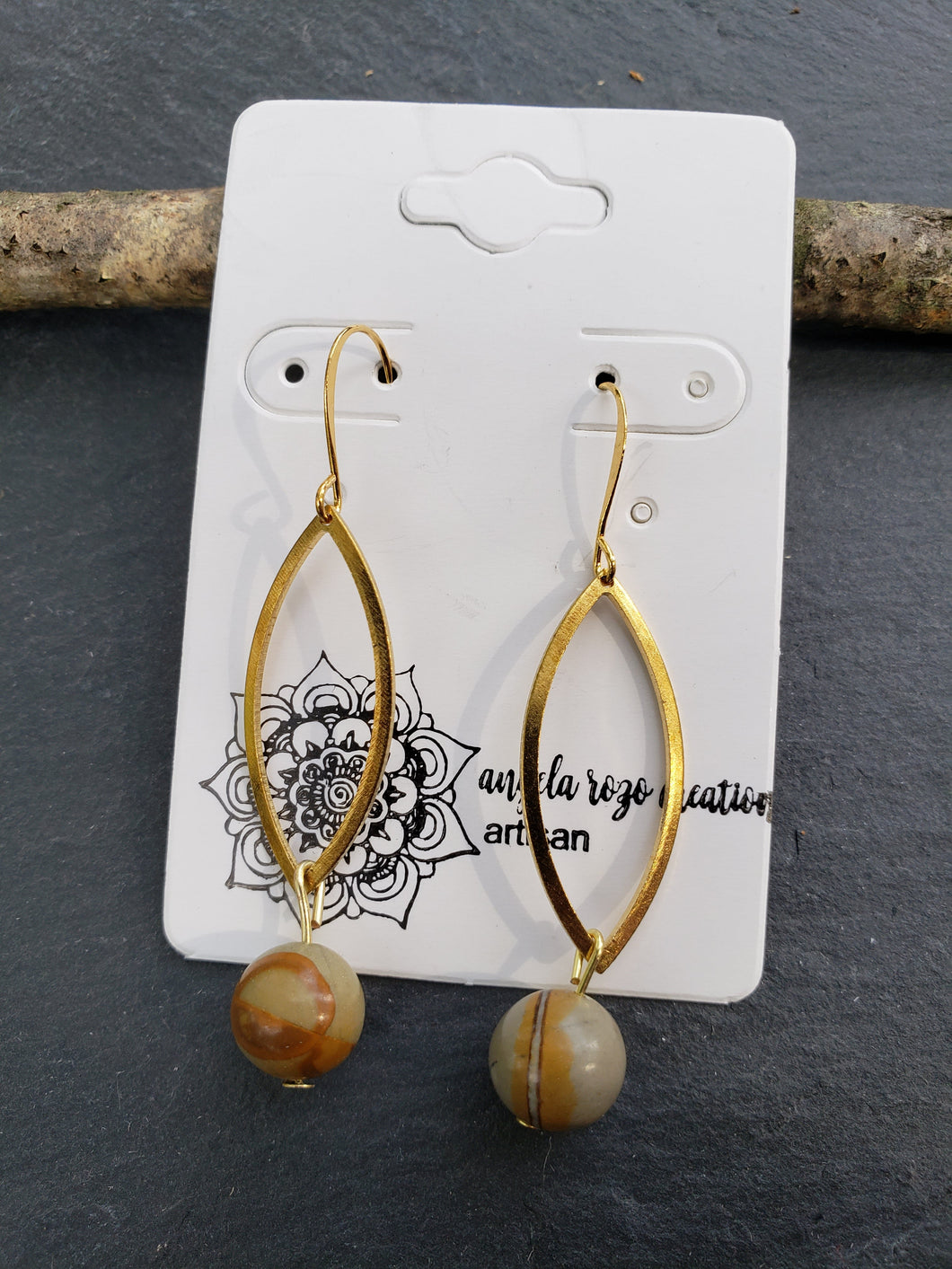 Brass Marquise Earrings with Stone Beads