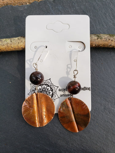 Foldformed Copper Earrings with Red Tiger Eye Beads