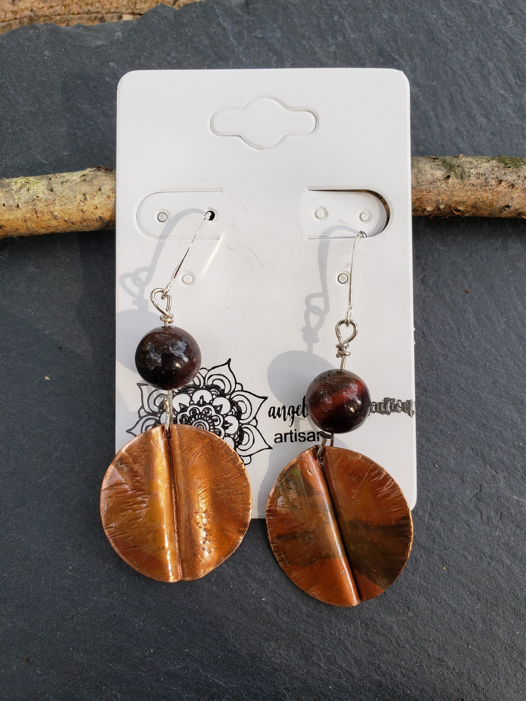 Foldformed Copper Earrings with Red Tiger Eye Beads