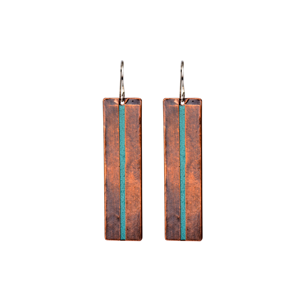 Long Mixed Metal Wrapped Earrings - Copper and Turquoise