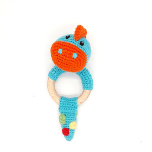 Turquoise Dino Wooden Teething Ring Rattle