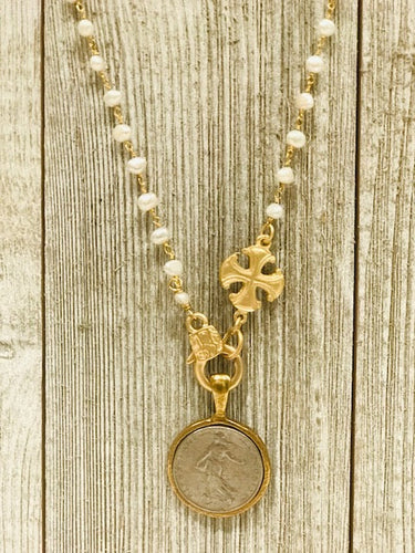 Gold Pearl Rosary Chain Short Necklace with Coin/Cross