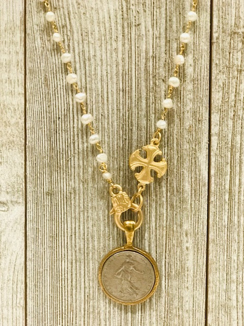 Gold Pearl Rosary Chain Short Necklace with Coin/Cross