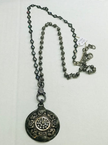 Antique Button Pendant with crystal chain