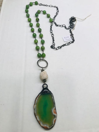 Jade Green Slice Agate with Jade Rosary Chain