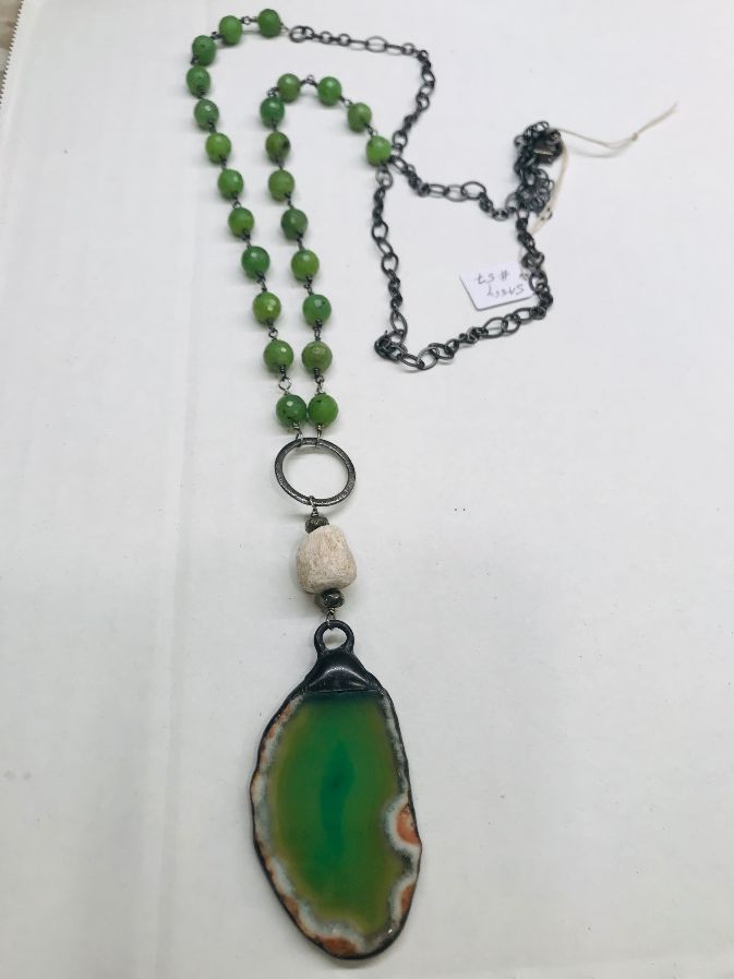 Jade Green Slice Agate with Jade Rosary Chain
