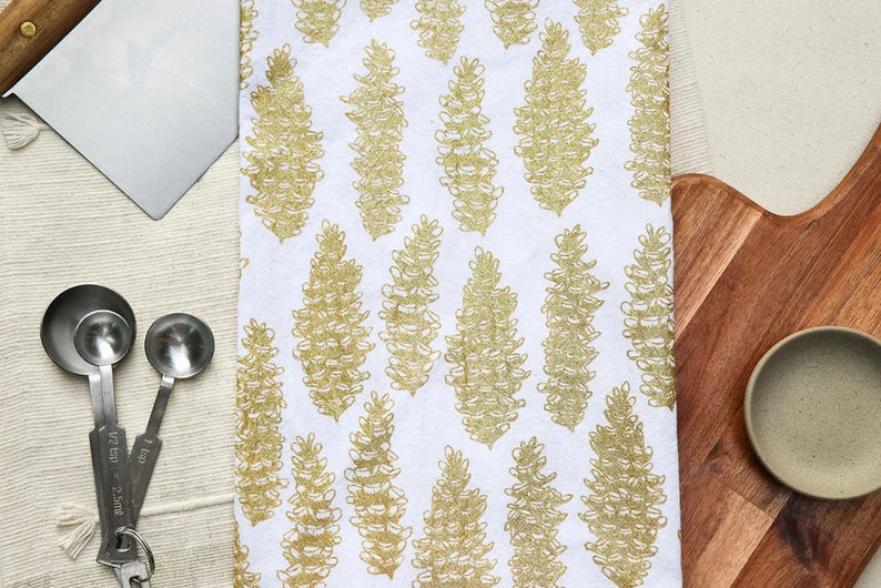 Holiday Pinecones Print Tea Towel