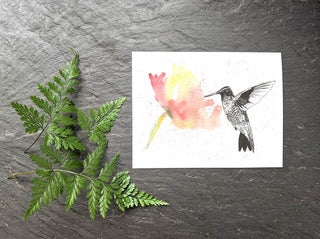 Humming with Pink & Yellow Flower Greeting Card