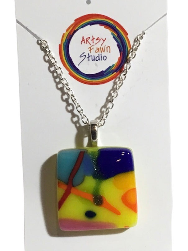 Crooked square fused glass necklace