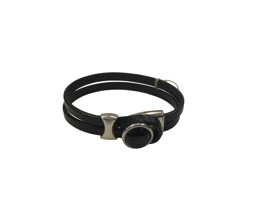 Black Leather Bracelet with Onyx