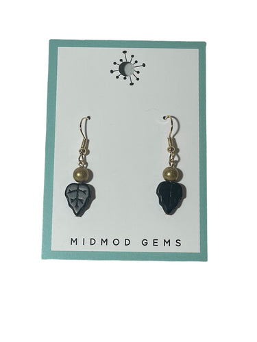 Gold Black Leaf Drop Earrings