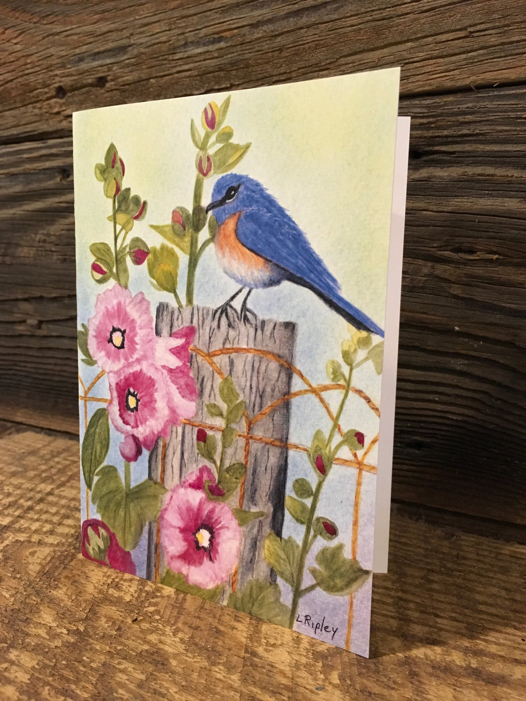Bluebird & Hollihocks Watercolor Card