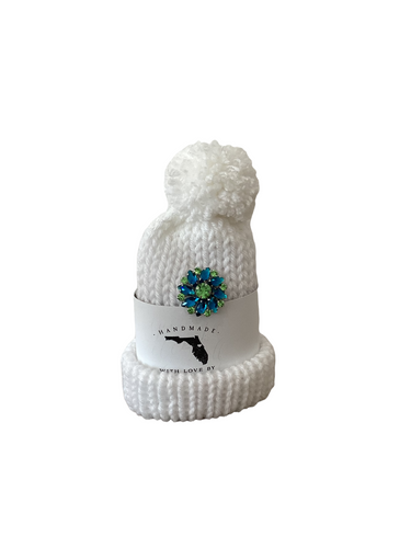 Bright White Solid in Color Wine Hat with Green Aqua Flower Charm
