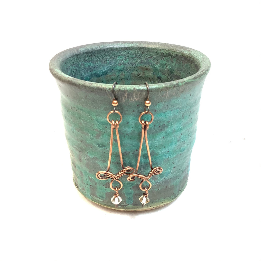 Long drop with crystal gem Copper Earrings