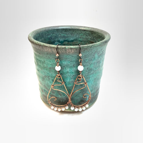 Long teardrop with white beads Copper Earrings