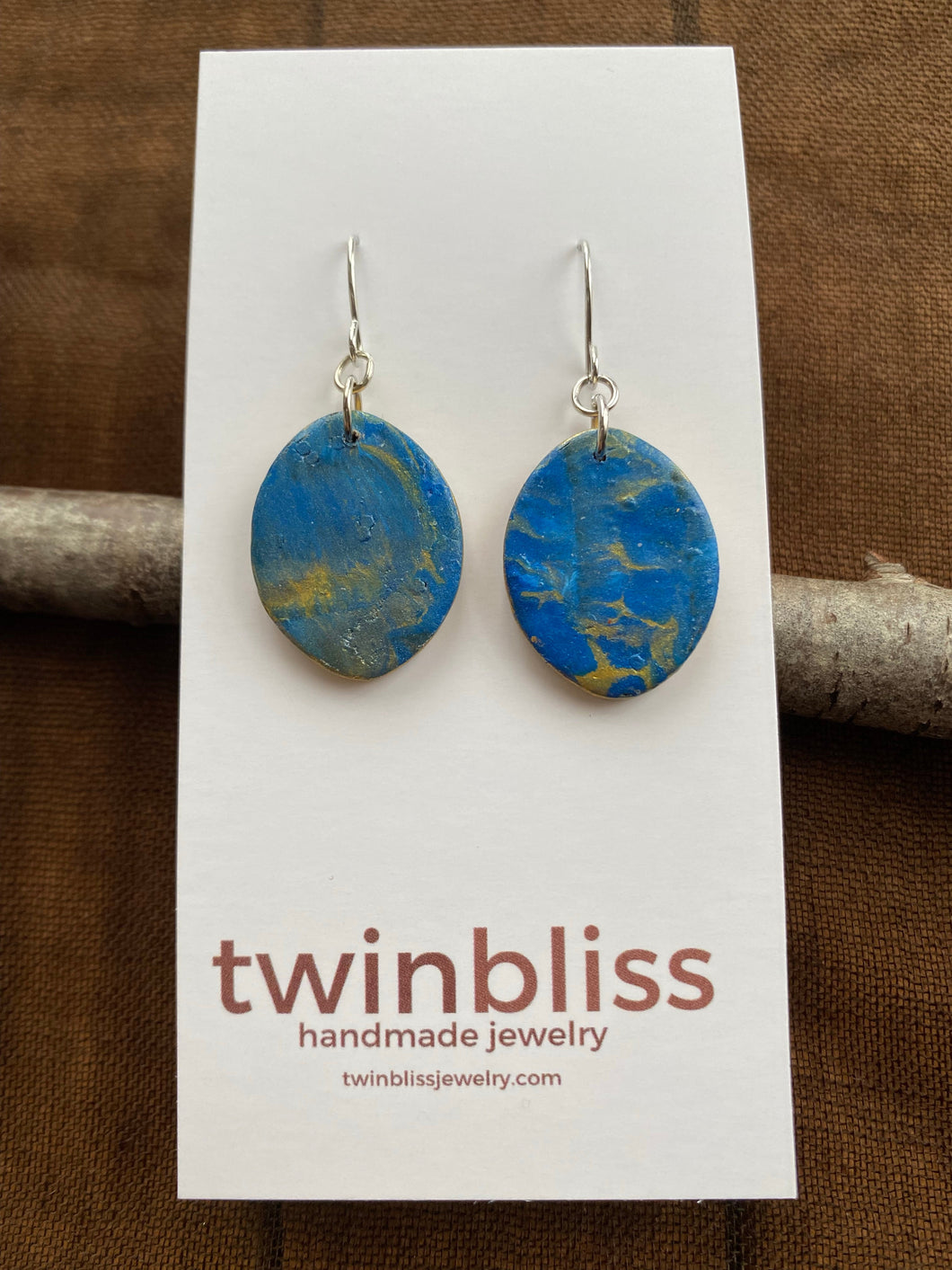 Earth & Sky Artisan Earrings - Deep blue and gold oval