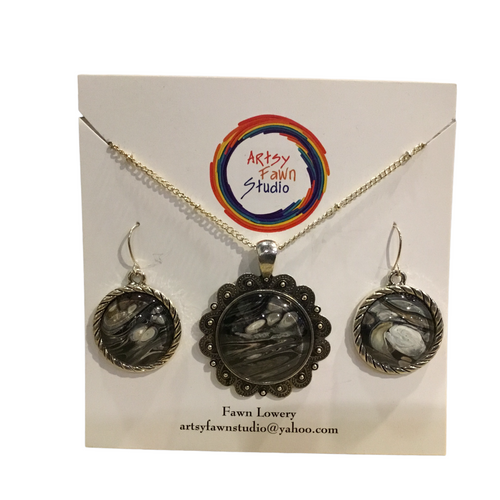 Grey/black painted glass necklace/earrings