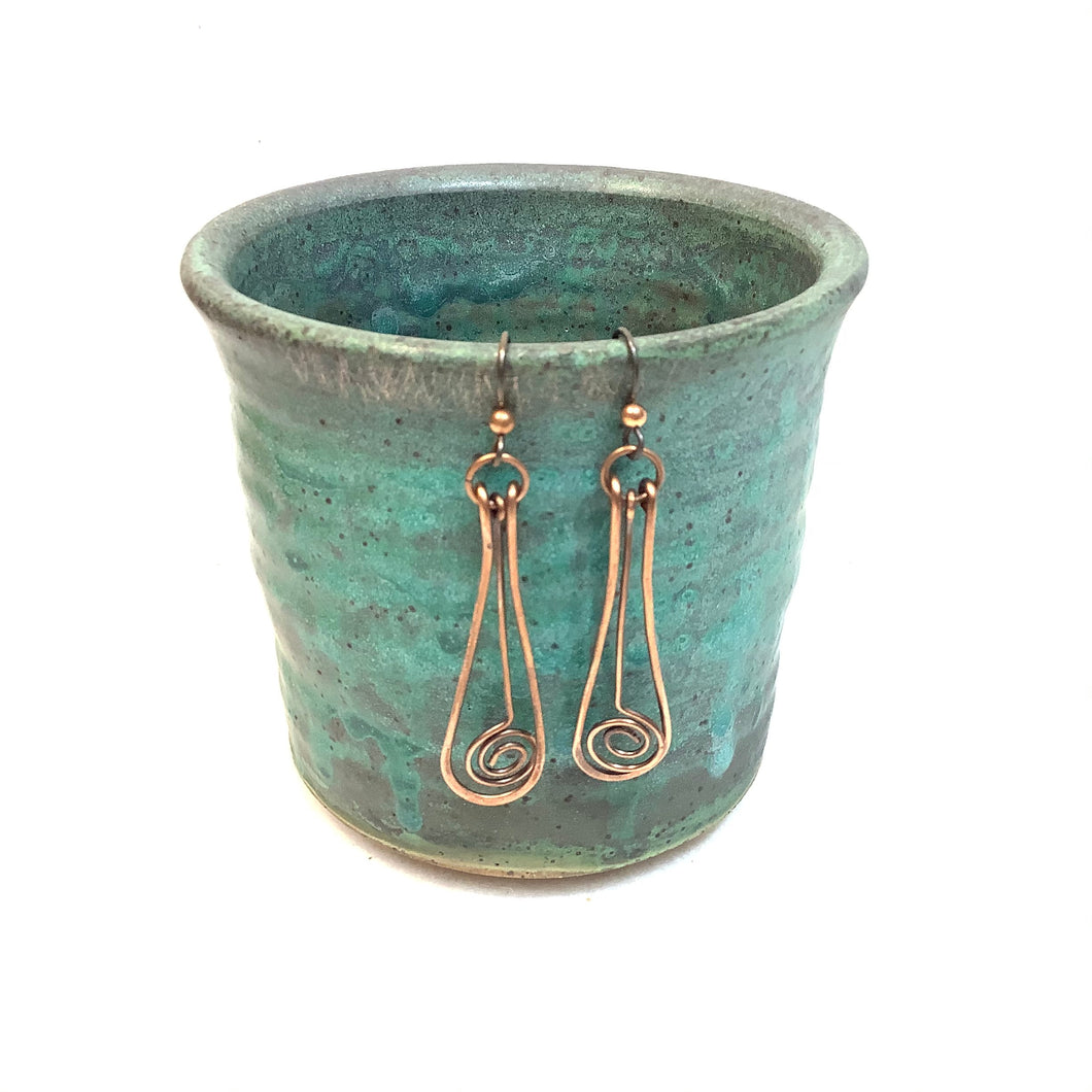 Encased Drop Spiral Copper Earrings