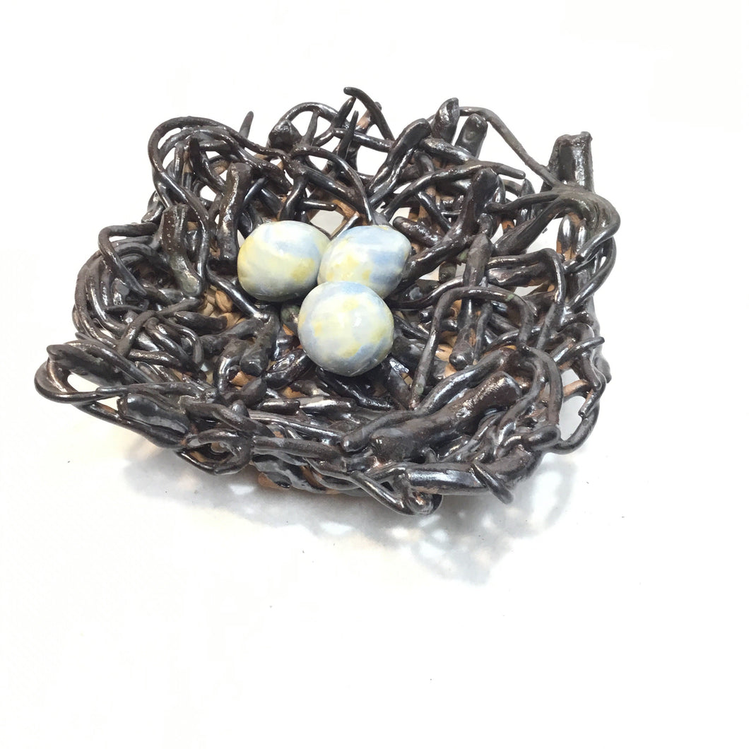 Large Nest with 3 Blue Eggs