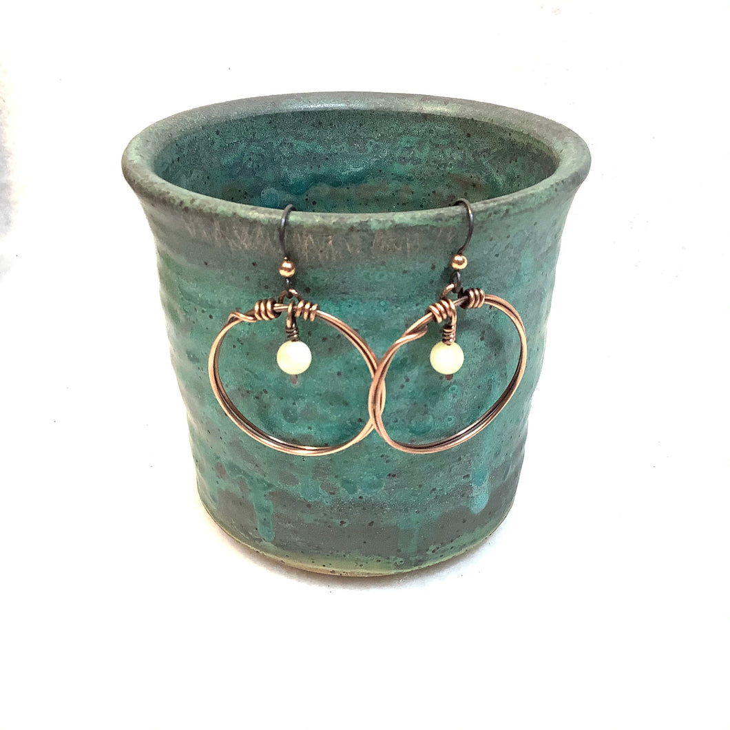 Hoop with white bead Copper Earrings