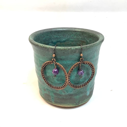 Circle Copper Earrings with Purple Gemstones