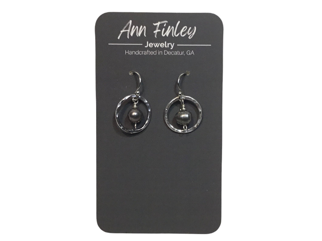 Earring -  Small Hoops with Black Pearl