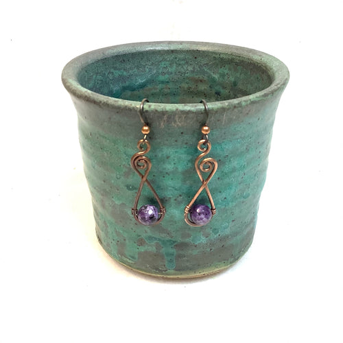 Curls with purple bead Copper Earrings