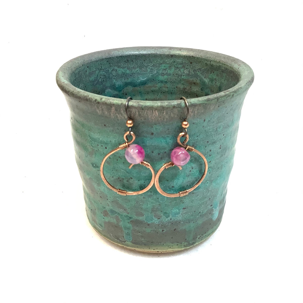 Harp swirl with purple bead Copper Earrings