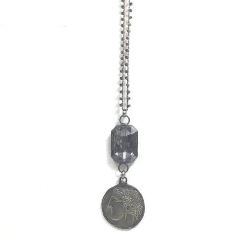 Crocheted Necklace with Crystal Connector and Coin