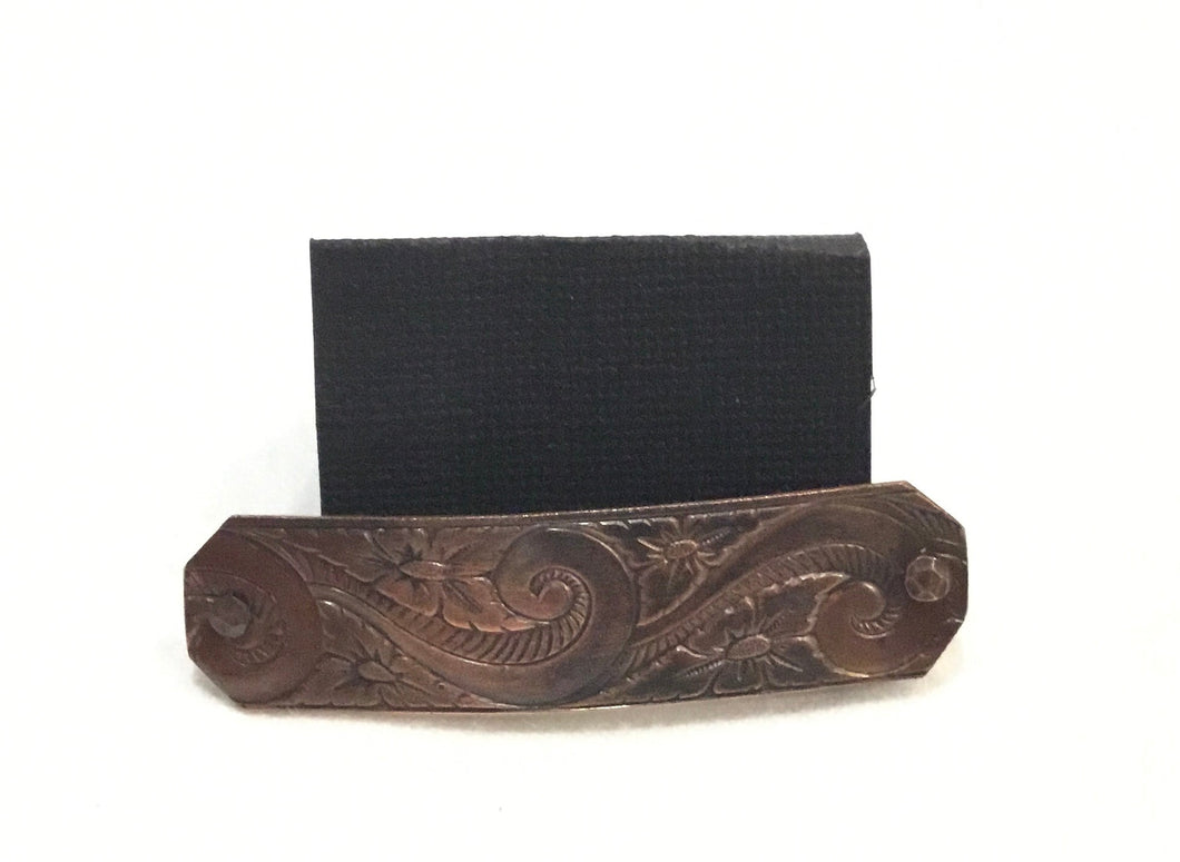 Etched Copper Hair Clip with Curly Qs