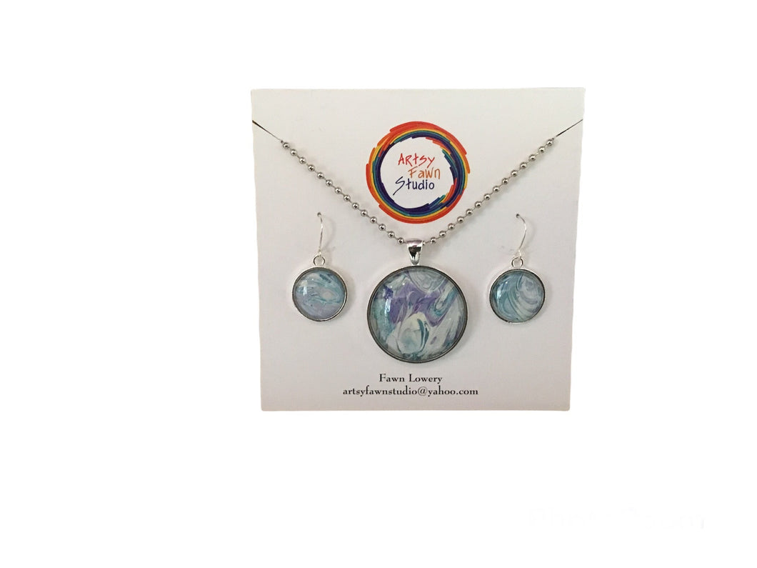 Light blue/purple painted glass necklace/earrings