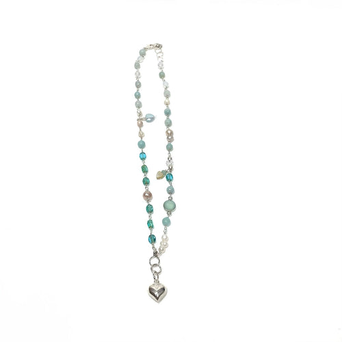 Necklace made of Sterling Silver, Czech Glass, Amazonite, Aqua Marine and Pearl Beads