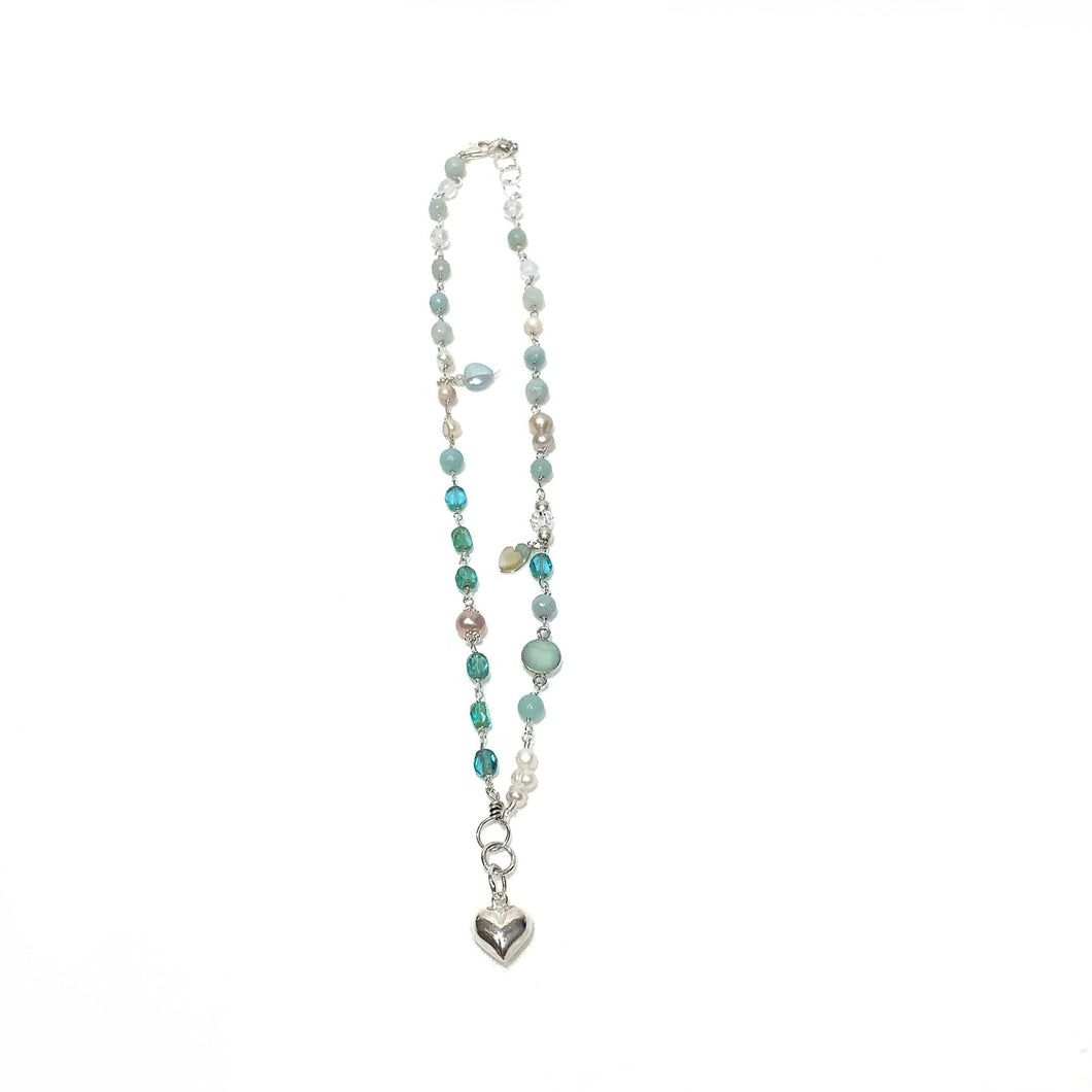 Necklace made of Sterling Silver, Czech Glass, Amazonite, Aqua Marine and Pearl Beads