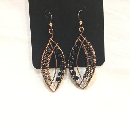 Leaf with Black bead Copper Earrings