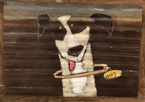 Happy Dog on 100 year old Tin and old barn wood