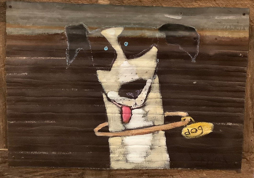 Happy Dog on 100 year old Tin and old barn wood