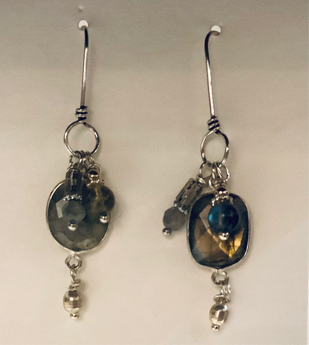 Earrings - Sterling Silver Ear Wires with Labradorite Cascade and Vintage Czech and Sterling Beads