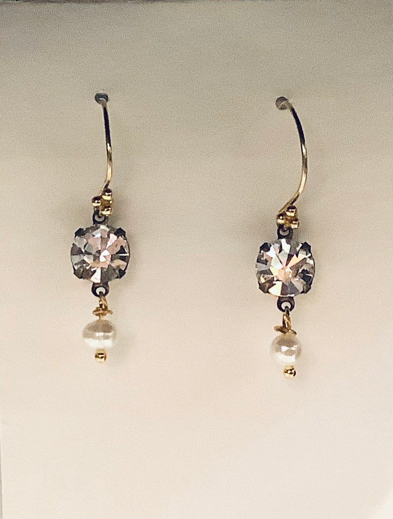 Earrings - French Gold Vermeil Wires with Smoky Crystal and Fresh Water Pearls