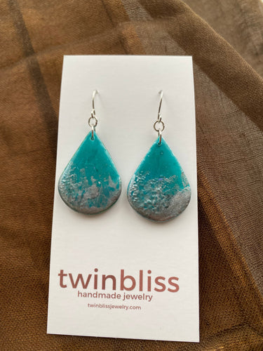 Earth & Sky Artisan Earrings-Aqua/silver flames drop