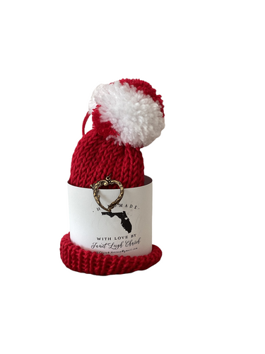 Deep Red With Red and White Pom Wine Hat with Heart Outline Charm