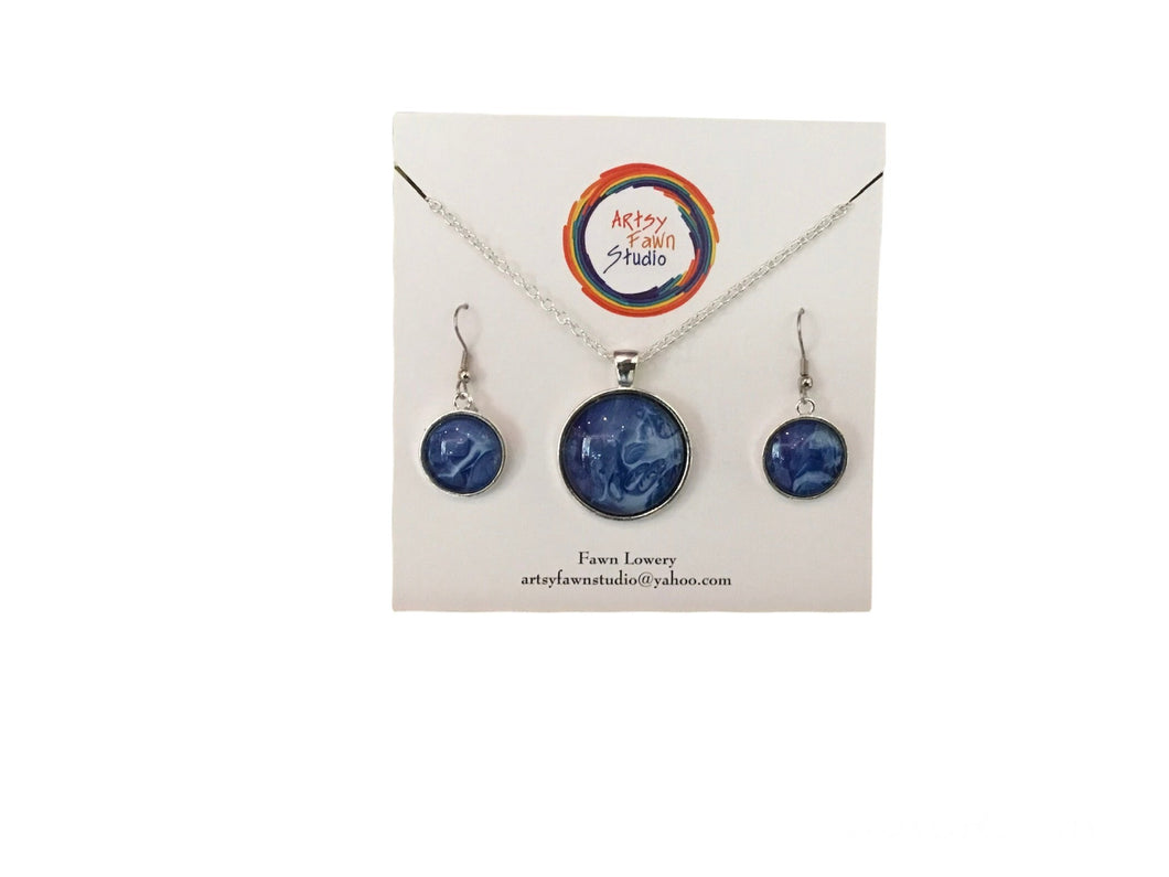 Dark blue swirl painted glass necklace/earrings