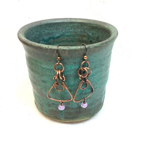Interlocking Triangles with bead Copper Earrings