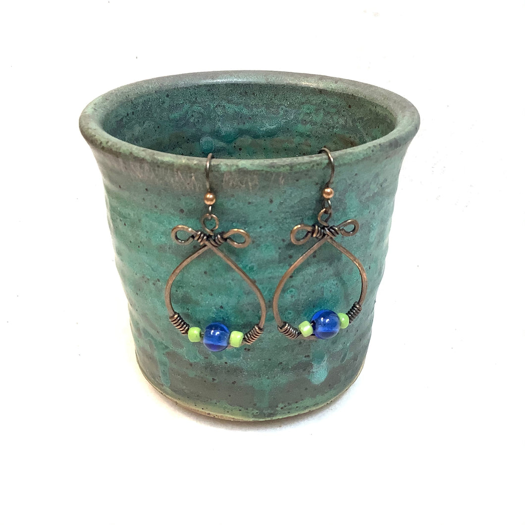 Hoop with blue and green beads Copper Earrings