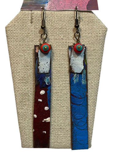 Blue / Red Rectangle with Bead Earrings