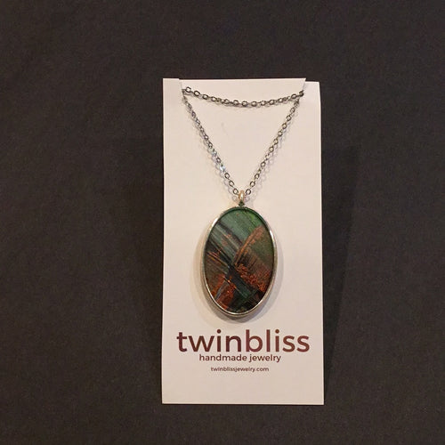 Earth & Sky Necklace - Large Green/Copper Abstract Silver Oval