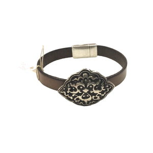 Brown Leather with Diamond Slider Magnetic Bracelet