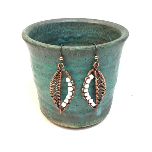 Leaflet Copper Earrings Coiled with White Beads